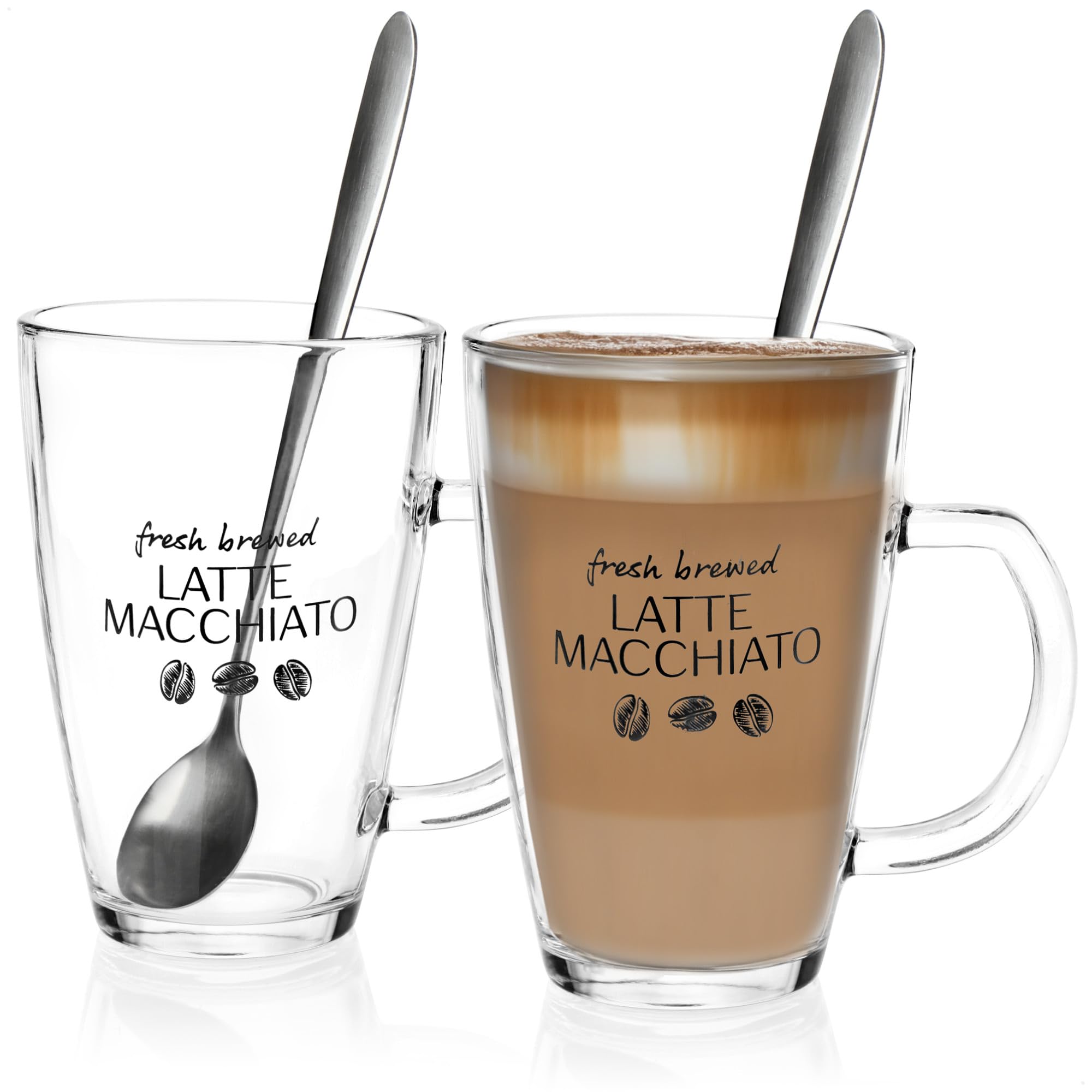 COM-FOUR® 2X Latte Macchiato Glass - Latte Macchiato Glasses with Spoons - Coffee Glasses with Handles - Drinking Glasses for Tea, Coffee, Cocoa (02 Pieces - with Spoon)