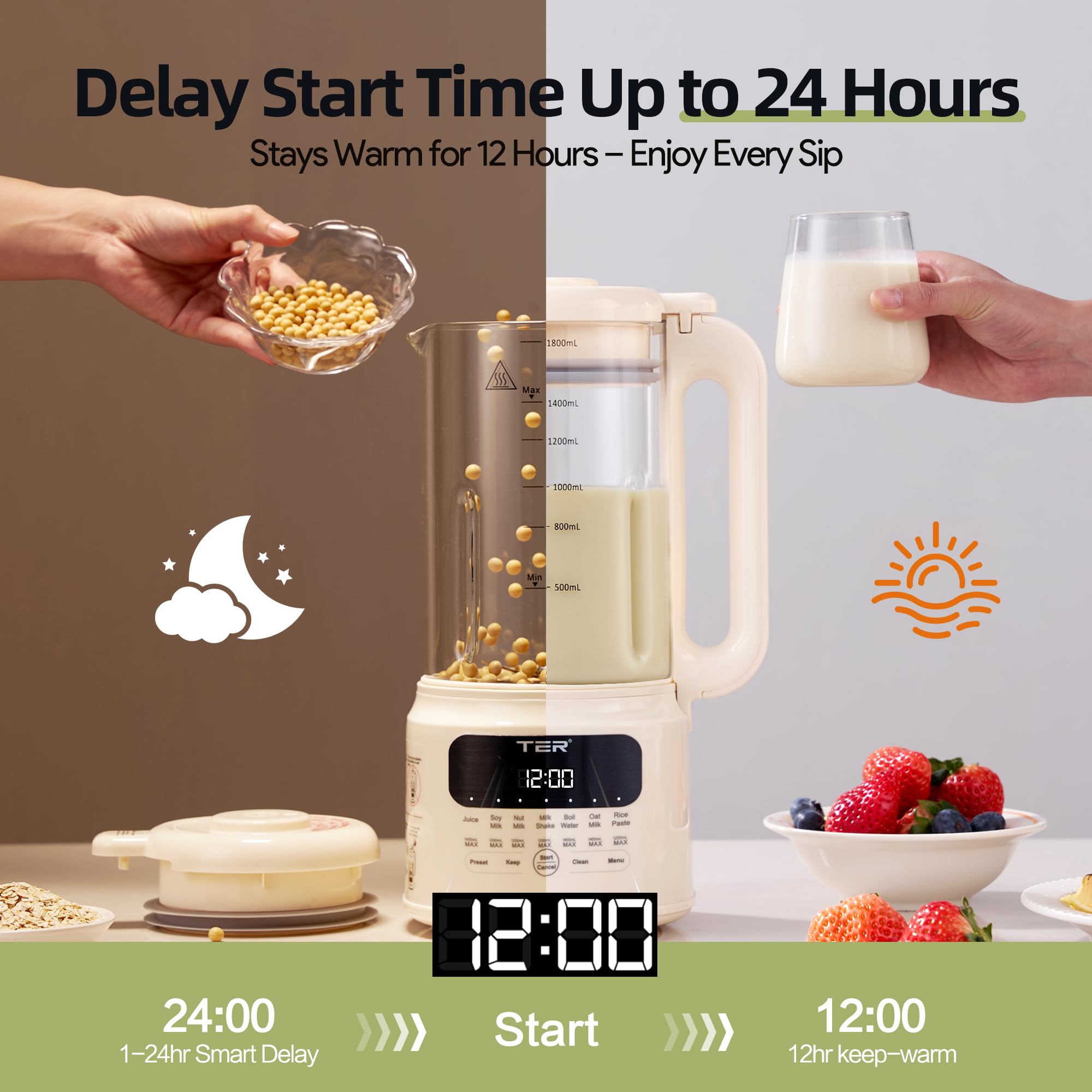 TER Máquina para hacer leche de nueces, 10 en 1 para hacer leche de soja, almendras/avena/leche de soja, jugo, batido, pasta de arroz, limpieza automática/tiempo preestablecido de 24 horas/12 horas para mantener caliente, con 7 accesorios, color beige