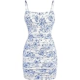 Floerns Girl's Floral Print Spaghetti Strap Bodycon Dress Mesh Ruched Cami Mini Dress