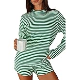 Usweetie Women 2 Piece Pajama Set Long Sleeve Striped Top and Shorts Lounge Sleepwear Pjs Set