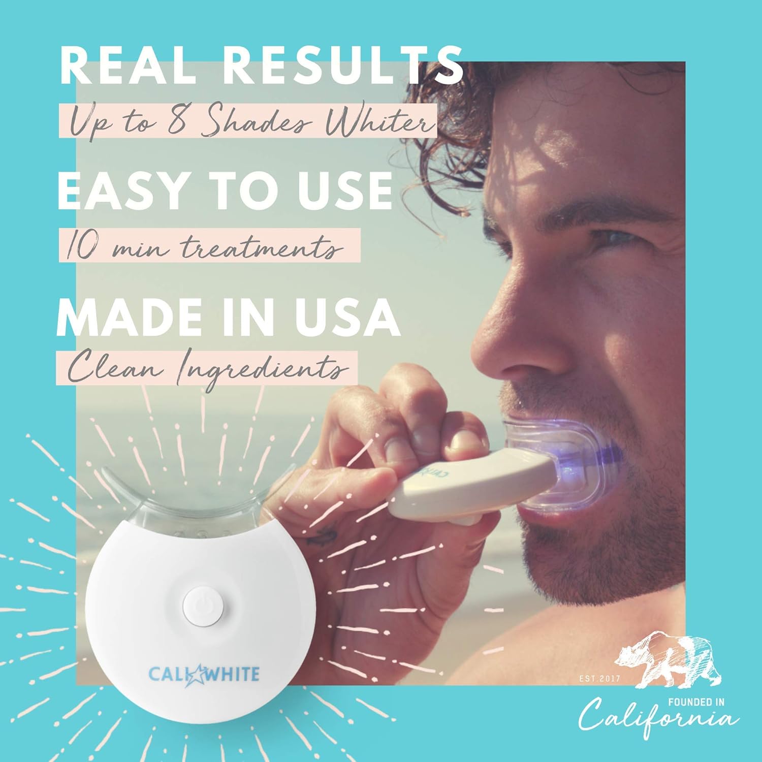 Cali White Vegan Teeth WHITENING KIT with LED Light, Made in USA, Natural & Organic Peroxide Gel, Professional Dental Whitener, Best Home System: 2 X 5mL Syringes, Custom Trays, Retainer Case: Beauty