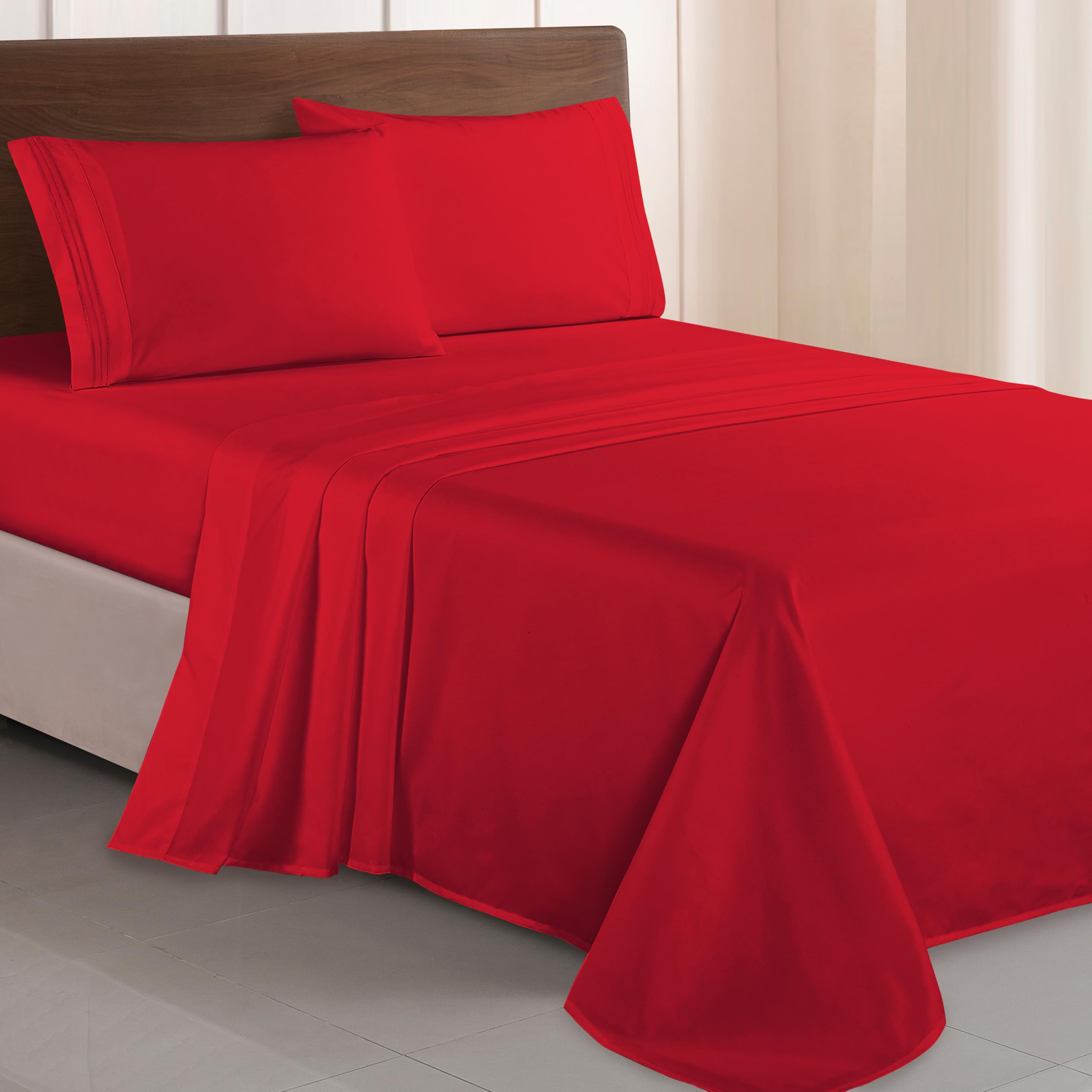 Elegant Comfort Luxurious 1500 Premium Hotel Quality Microfiber Three Line Embroidered Softest 4-Piece Bed Sheet Set, Wrinkle and Fade Resistant, Full, Red