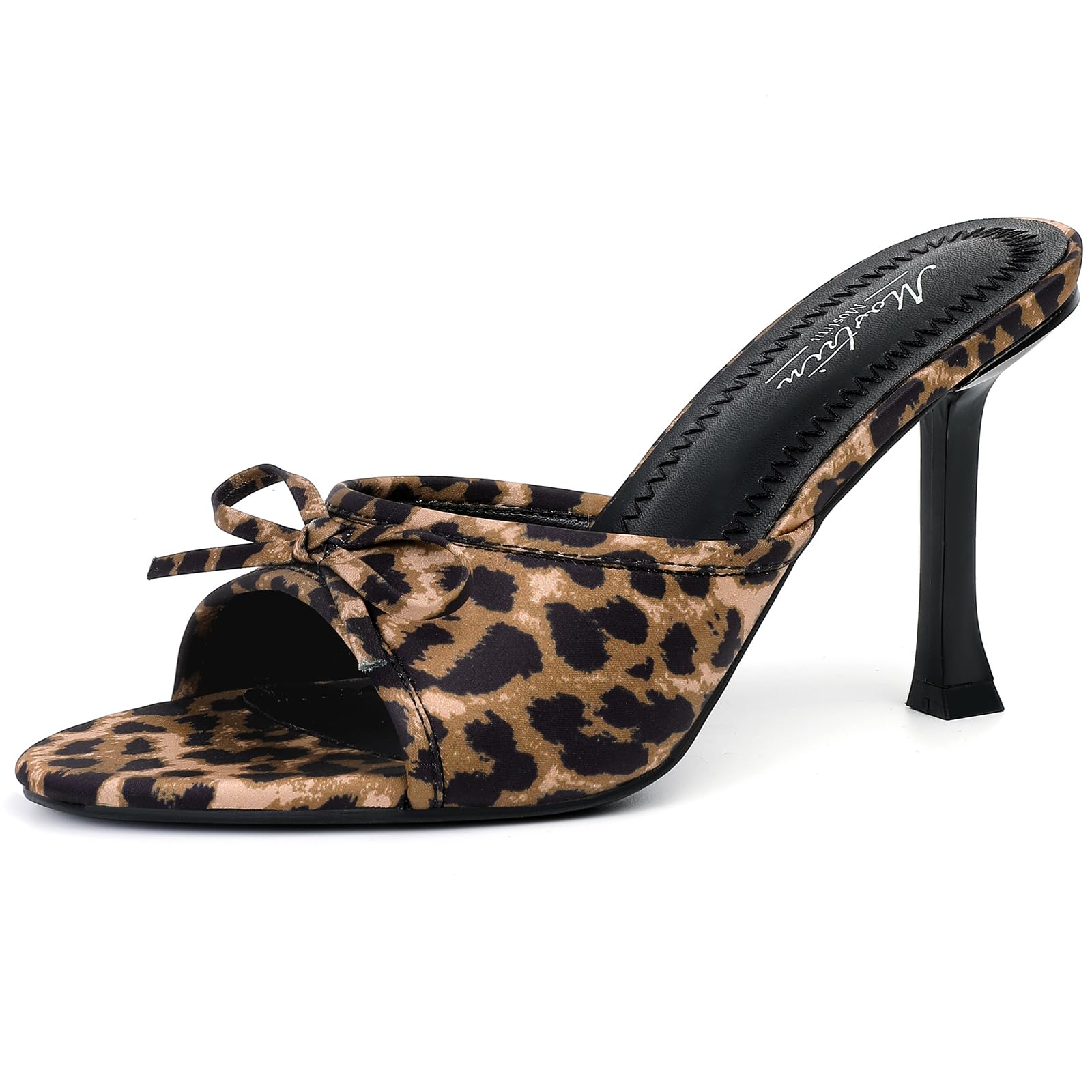 Photo 1 of Mostrin Leopard Print Kitten Heels Open Round Toe Mules Heels for Women With Bow Sexy Slip On Backless Heeled Sandals for Party Wedding Size 8