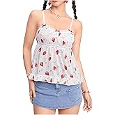 SHENHE Women's Lace Trim Strawberry Print Cami Top Kawaii Babydoll Tank Tops Camisole