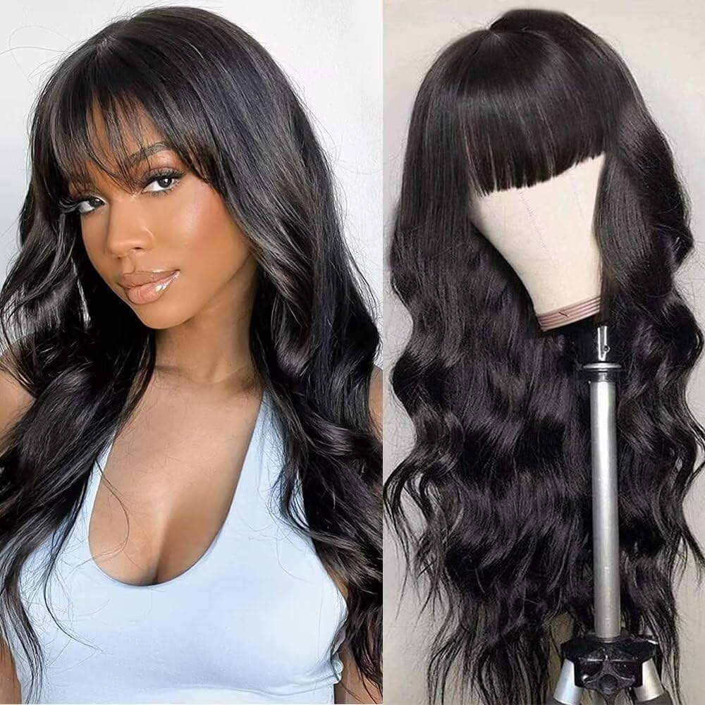 Human Hair Wig with Bangs for Black Women Brazilian Virgin Human Hair Bang Wig Body Wave Human Hair Wigs with Fringe 150% Density Body Wave Wavy Wigs 22 Inch Natural Black Color โ image 1
