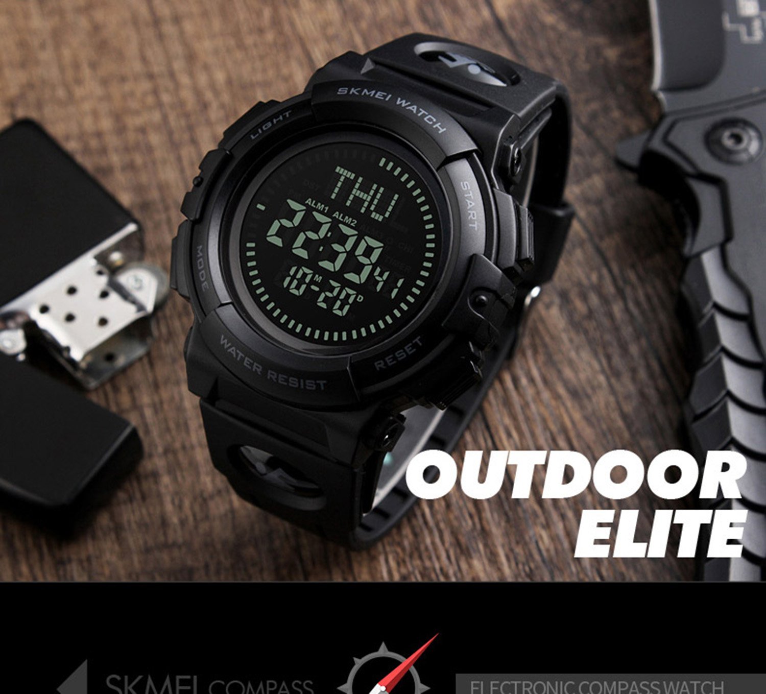 Men’s Military Sports Digital Watch With Survival Compass 50M Waterproof Countdown 3 Alarm Stopwatch (Black)