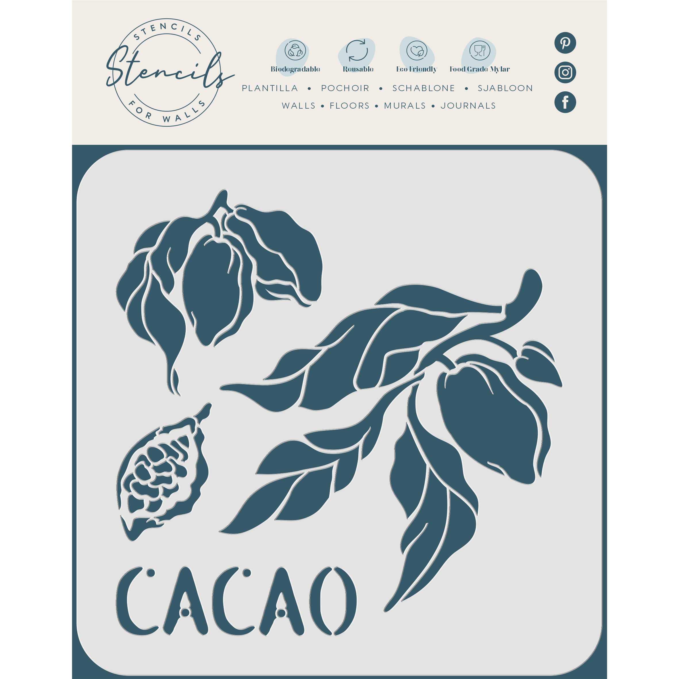 Cacao Stencil, 16.5 x 16.5 cm (S) - Tropical Tree Cocoa Beans Chocolate Stencils for Painting Template