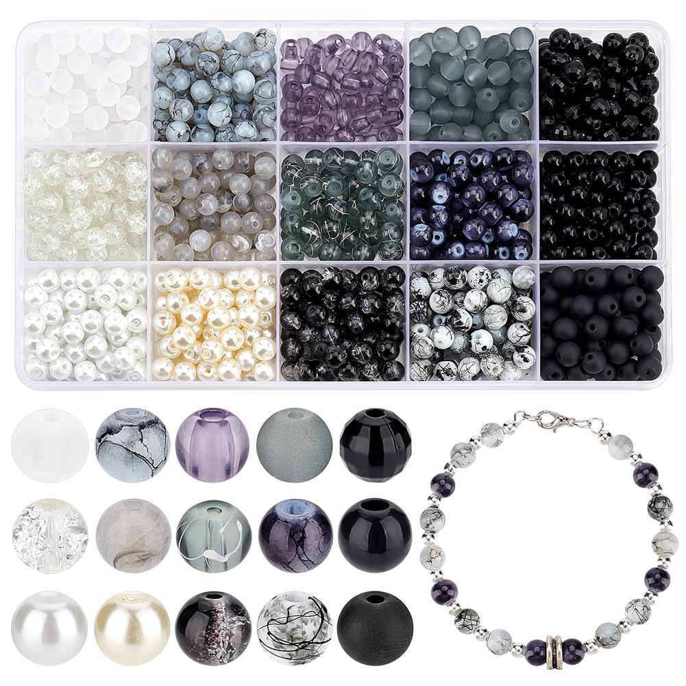 PH PandaHall 900PCS 6mm Marble Glass Beads, 15 Colors Black White Beads Round Loose Bead Crystal Bead for Bracelet Earring Necklace Jewellery Making Halloween Eid Mubarak Ramadan Decoration