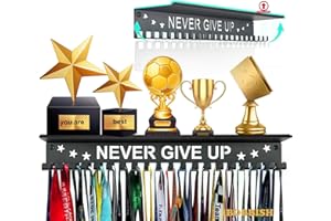 iBobbish Metal Medal Hanger Display,Non-Slip Trophy Shelf with 20 Hooks,Wall Mount,Heavy Duty,Non-Bent,Holds 22-33lbs,for Gymnastics,Race,Soccer,Swim