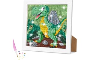 AUAUY 5D Diamond Painting Kit for Kids, Art Crafts Kits with Wooden Frame, Cartoon Diamond Art Easy Kits, Anime Diamond Painting Full Drill Diamond Art Gem Painting for Girls Boys Beginners (Dinosaur)