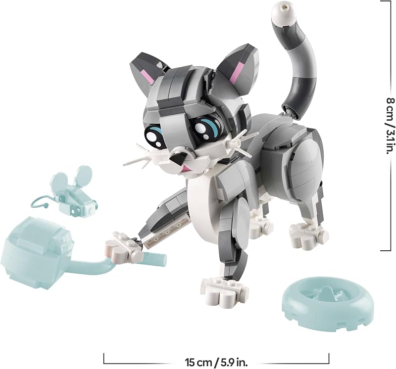 LEGO Creator 3 em 1 Gato Brincalhão Transformável em Toy Dog ou Pombo , Jogo de Animais, Figuras Articuladas, Presente de Aniversário para Meninas e Meninos 8 Anos e Mais Velhos 31163