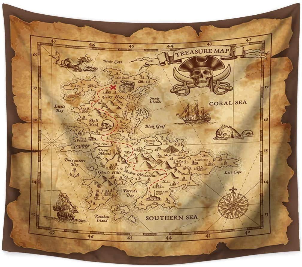 QCWN Treasure Map Tapestry Wall Hanging, Detailed Island Map - Pirates Gold Secret Sea History Theme, Wall Art for Bedroom & Living Room Decor - Beige & Brown, 59x51in