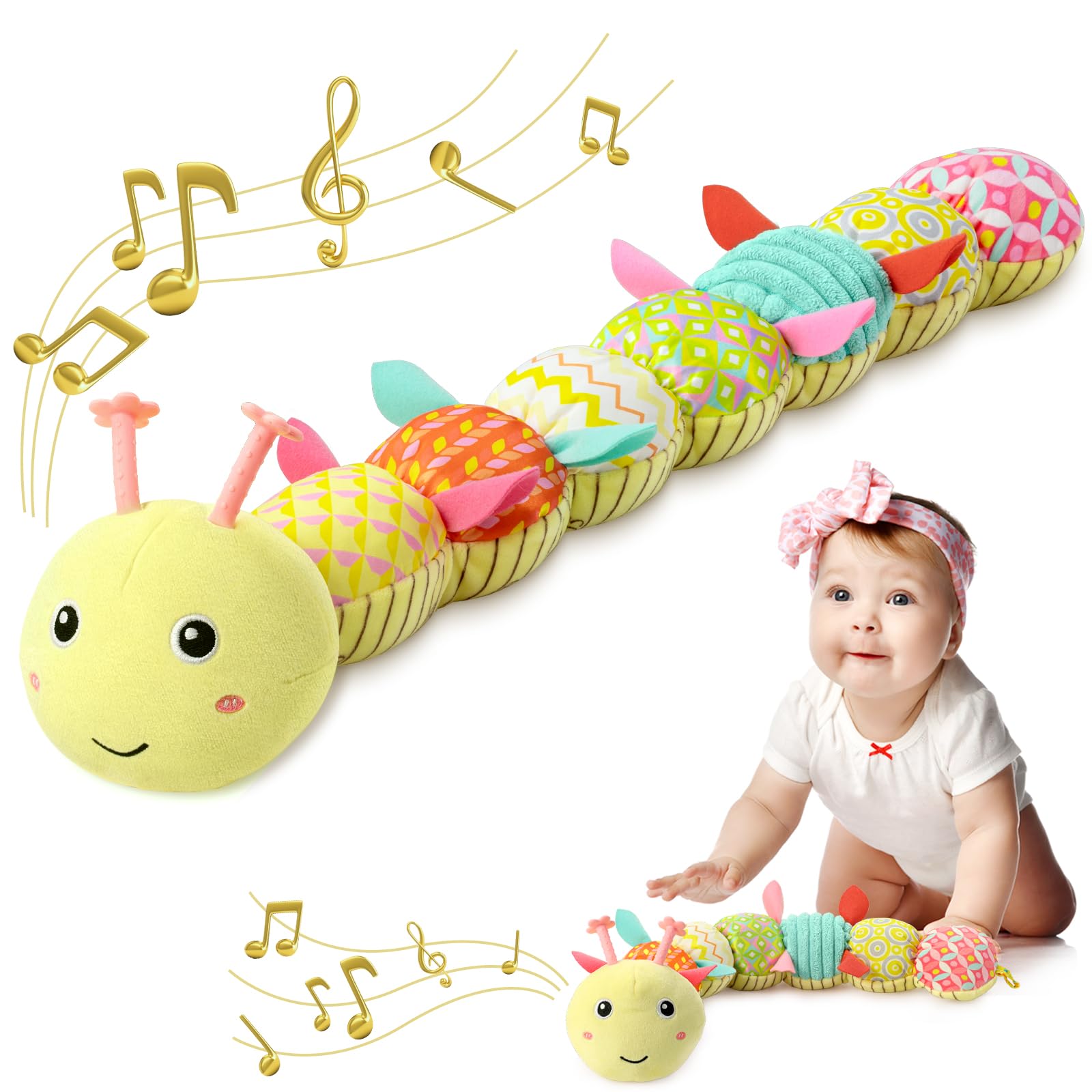 Baby Toys 0 to 12 Months, Musical Stuffed Animal Activity Soft Toys with Multi-Sensory Crinkle, Rattle and Textures, Infant Tummy Time Toys for Newborn Boys Girls, Caterpillar, Yellow