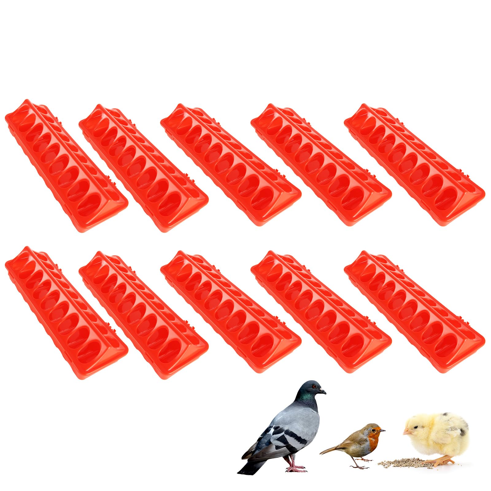 Photo 1 of 10 Pack Plastic Flip Top Bird Small Poultry Feeder 18 Hole Pigeon Chicken Feeder Duckling Quail Feeder No Waste No Mess Birds Feeding Dish Dispenser (Red)