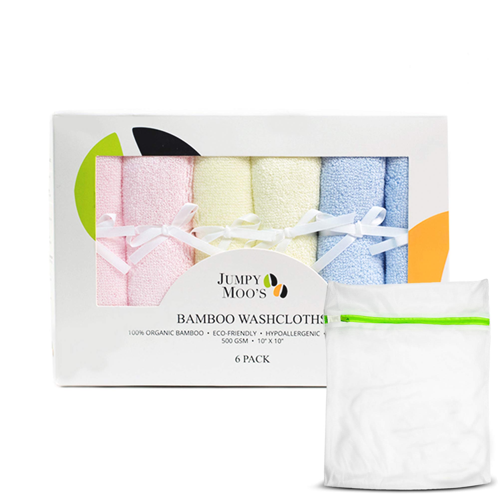 JM Bamboo Washcloths - 100% Bamboo, Ultra Thick 500gsm, 10x10 Inches, Baby Face Cloth, Flannels Face Cloth Pack 6, Gentle on Delicate Skin, Guards Against Irritations, Giftbox & Laundry Bag