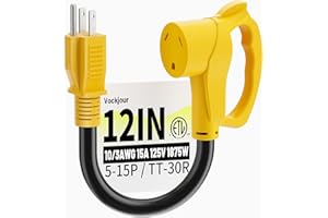 VOCKJOUR 30 Amp to 110 Rv Adapter 3 Prong 12 Inch, NEMA 5-15P Male to NEMA TT-30R Female, Heavy Duty RV Electrical Adapter Cord for Camper, STW 10AWG 15A 125V 1875W, Yellow, ETL Listed
