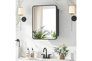 YTSMIR Medicine Cabinet with Mirror, 14x18 Inch Black Bathroom Mirrored Cabinet, Metal Framed Wall Cabinet with Beveled Mirror, Modern Surface Mount or Recessed Medicine Cabinet with Storage