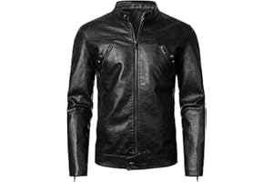 HOOD CREW Men’s Faux Leather Jacket Cool Biker Jackets Vintage Stand Collar Lightweight Leather Outwear Coat