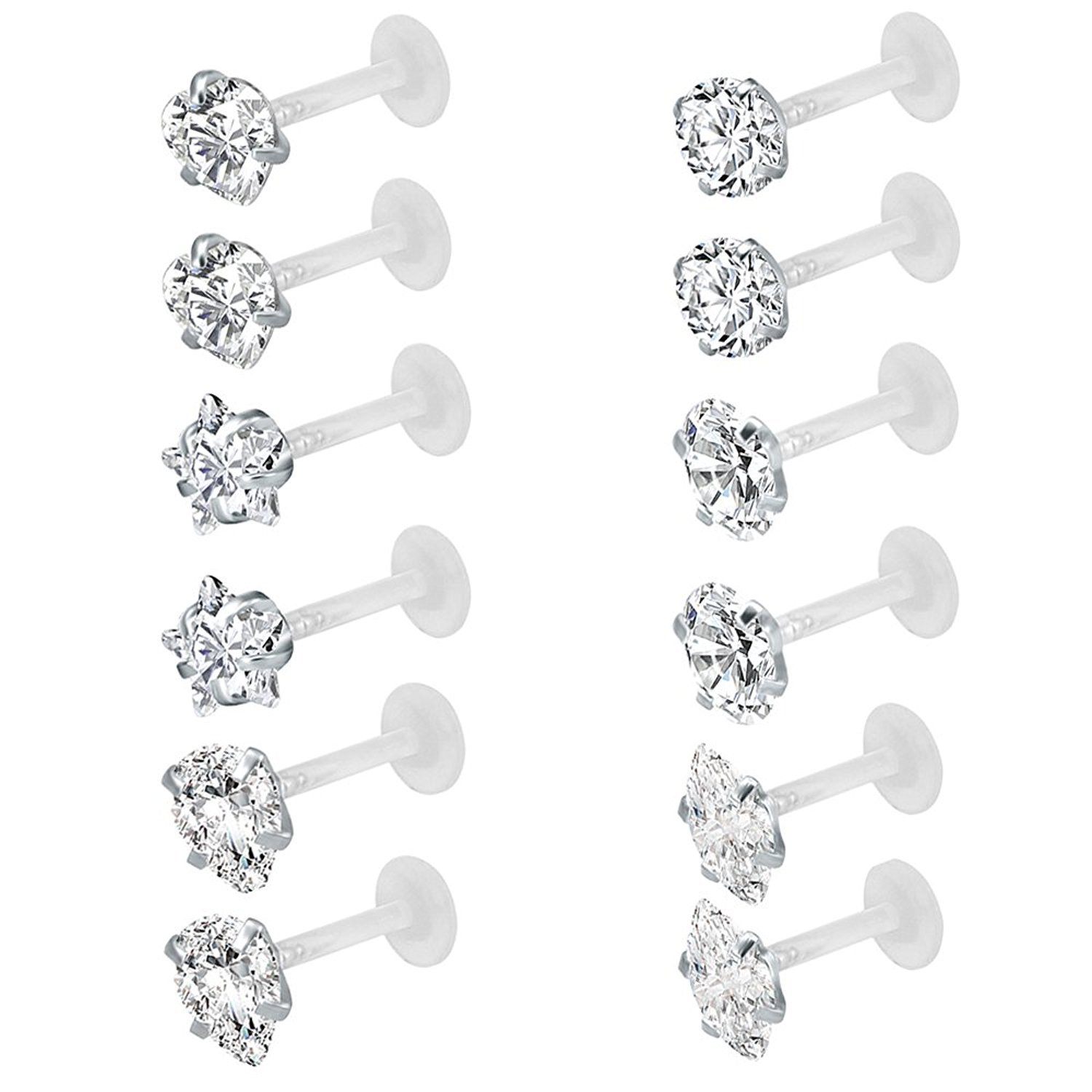 12Pcs 16G Clear Bioflex CZ Stone Labret Monroe Lip Ring Helix Tragus Cartilage Earrings Stud Piercing (12Pcs (4mm cz))