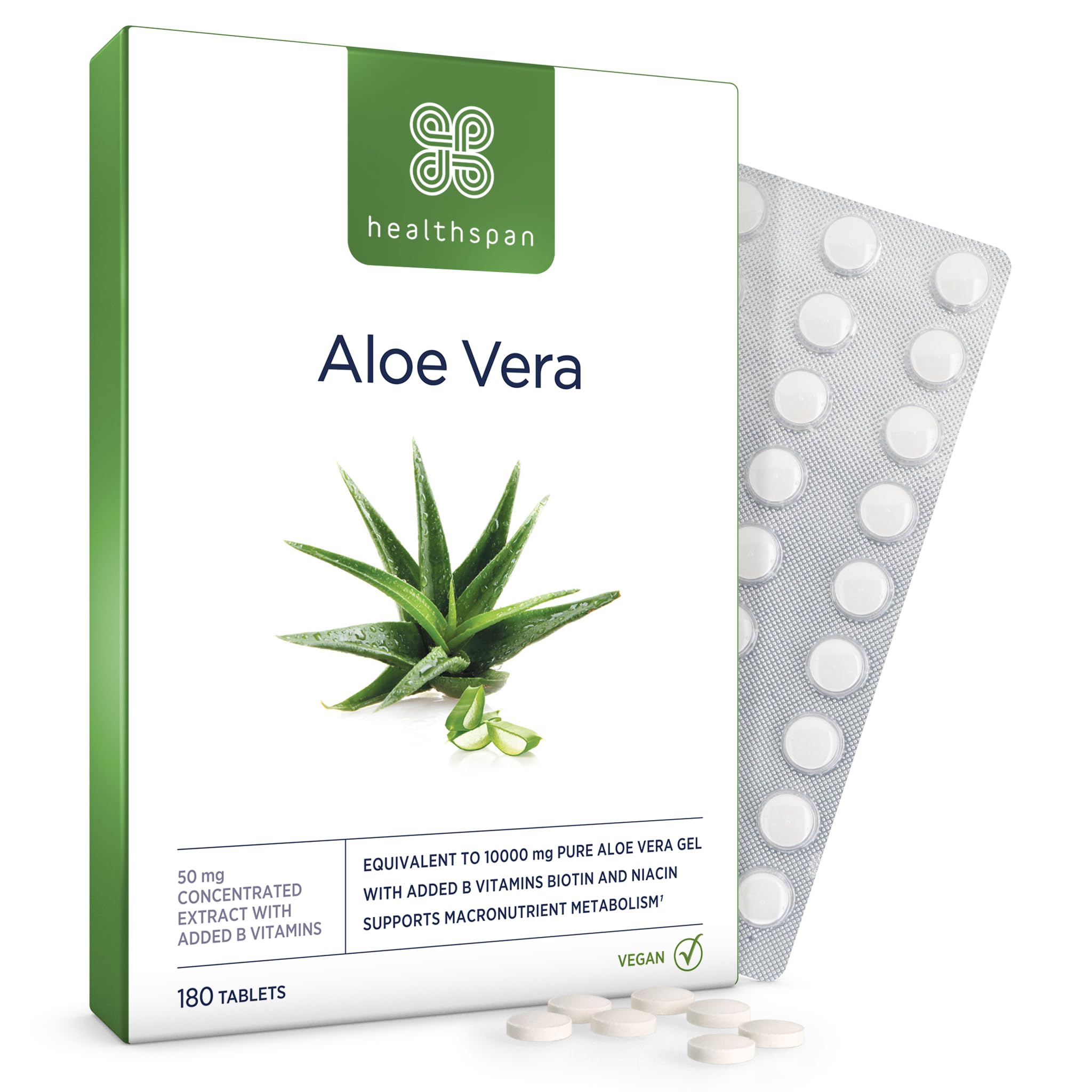 Healthspan Aloe Vera 10,000mg (180 Tablets) | Supports Normal Metabolism | 10,000mg Pure Aloe Vera Gel | Helps to Maintain a Normal Immune System | Added B Vitamins | Vegan
