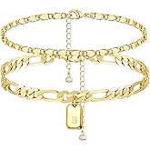 YANODA Initial Ankle Bracelets for Women, 14K Gold Plated Dainty Layered Figaro Chain Letter Initial Ankle Bracelets Set Trendy Personalized Name Tag Anklet Summer Beach Jewelry for Women