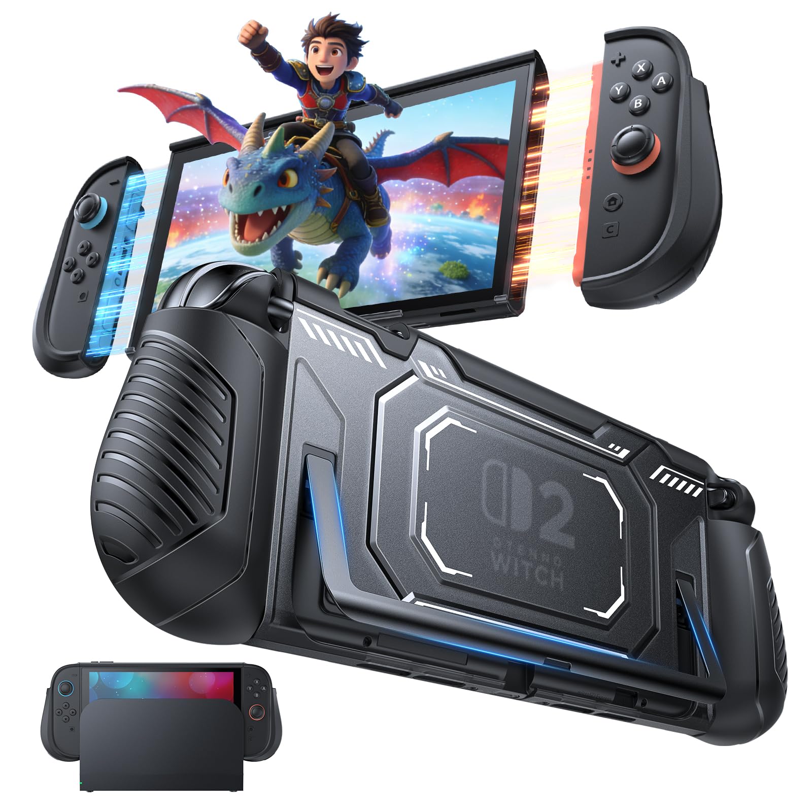 FASTSNAIL Switch 2 Protective Case, Protective Cover with Dockable TPU Middle Frame, Non-Slip Ergonomic Grip for Joycon 2, Comfortable Handheld Shell Case for Switch 2 Accessories for Wii Skins