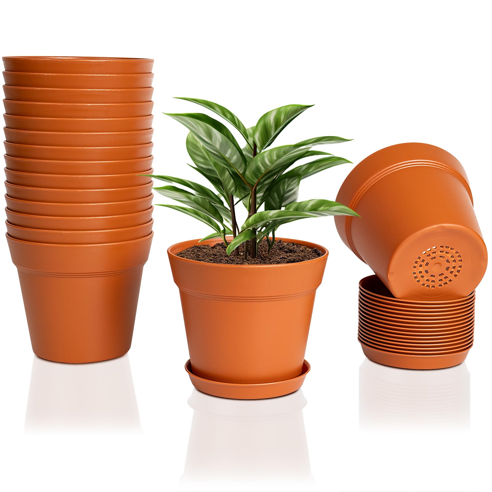 FORAGIFT 15cm Plant Pots, 16 Pack Plastic Herb Pot with Drainage Hole and Tray, Seed Seedling Pots Flower Nursery Pots for Vegetables, Flowers, Cactus, Cuttings, Succulent, Terracotta