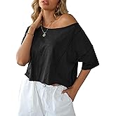 LilyCoco Womens Off The Shoulder Crop Top Cotton Asymmetrical Short Sleeve T Shirt
