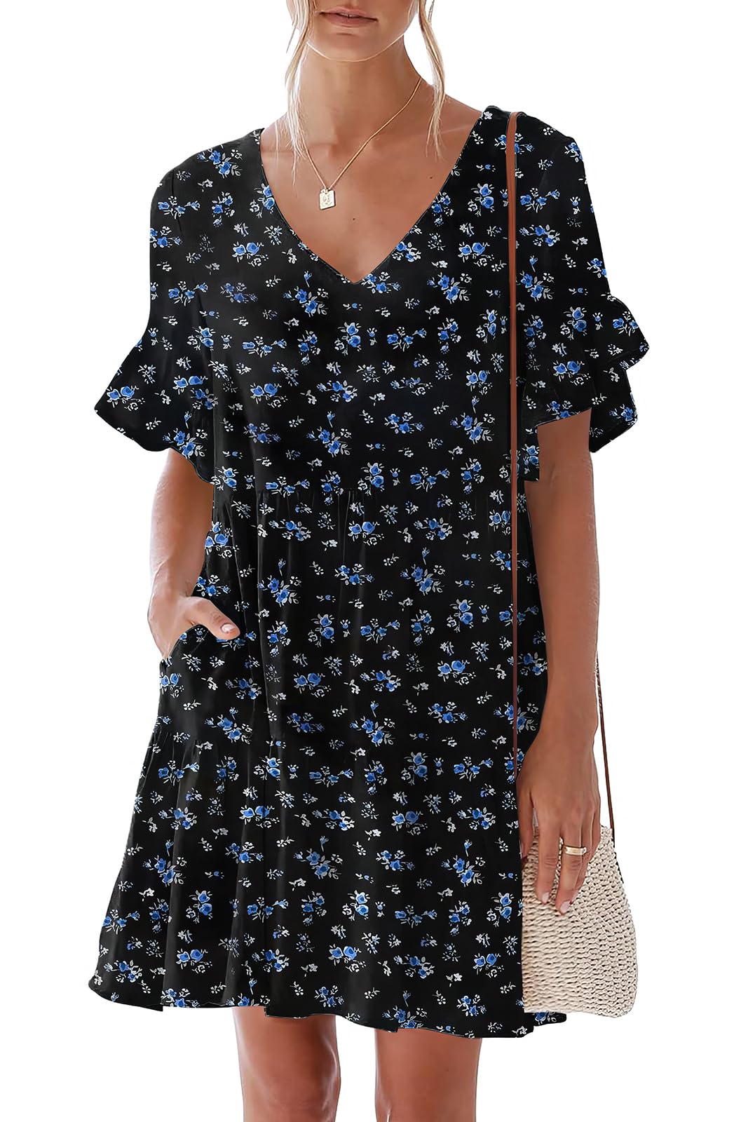 Photo 1 of ** UNKNOWN SIZE***nclook Womens Summer Casual Dresses Sweet Cute V Neck Mini Dress with Pockets Ruffle Short Sleeve Black Floral