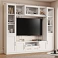 Jiaoun 4-Piece Entertainment Wall Unit, Multifunctional TV Stand with Tempered Glass Door, Up-Flip Door & Shelves, Large Console Storage Cabinet Set for TVs Up to 70", White (94.5" Wx14.6 Dx82.7 H)