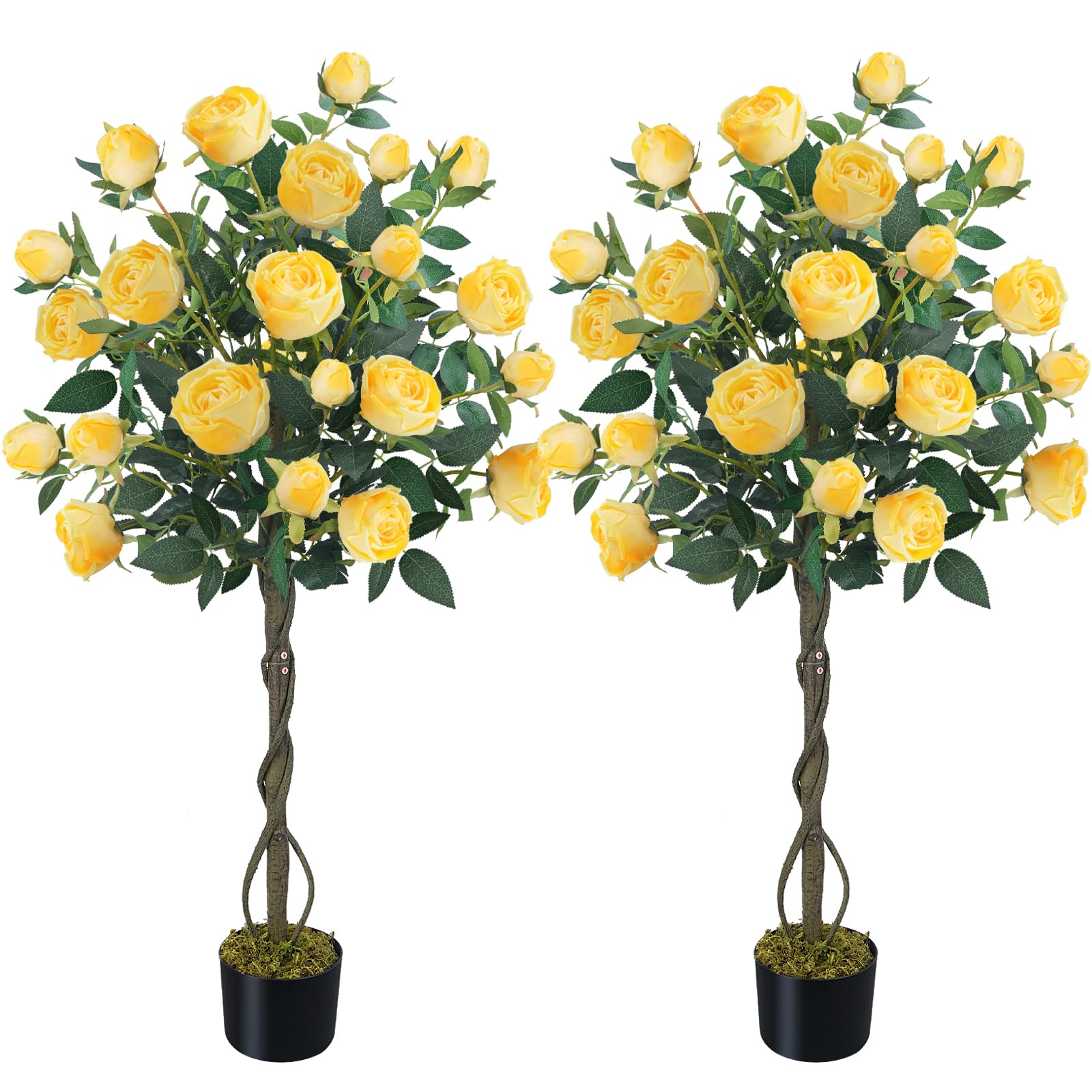 Photo 1 of HUAESIN 2 Pack 47.2"/4FT Artificial Rose Tree Fake Outdoor Tree with 52 Blooming Flowers Yellow Tree for Home Front Door Winter Christmas Indoor Decor (Including Dried Moss)