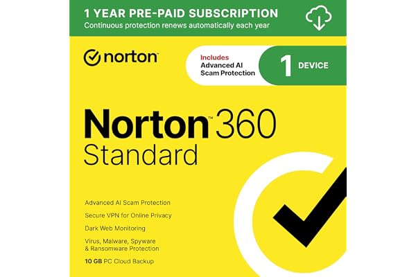 Norton 360 Standard, Antivirus software for 1 Device with Auto-Renewal – Includes Advanced AI Scam Protection, VPN, Dark Web Monitoring & PC Cloud Backup [Download]