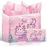 Wxiben Axolotl Birthday Gift Bag - Happy Birthday Party Decorations for Women Girls, Pink Party Favor Wrapping Bag with Handle Tissue Paper Greeting Card, Salamander Theme Decorations Supplies