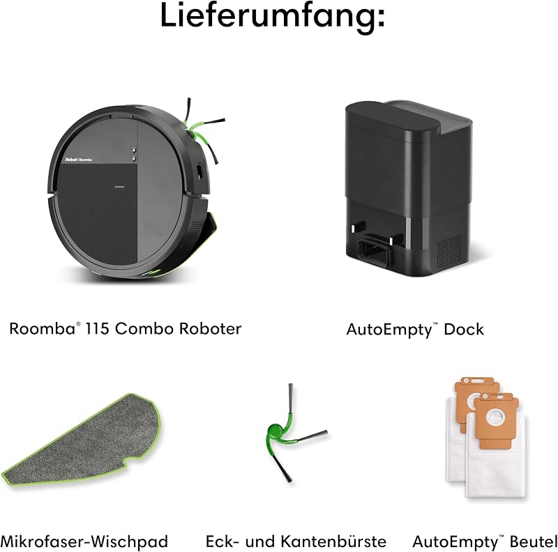 Roomba® 115 Combo Saug- und Wischroboter + AutoEmpty™ Dock, 15k Pa Saugleistung, Bürsten und Wischpad reichen, Navigation mit Clearview™ LiDAR, Schwarz