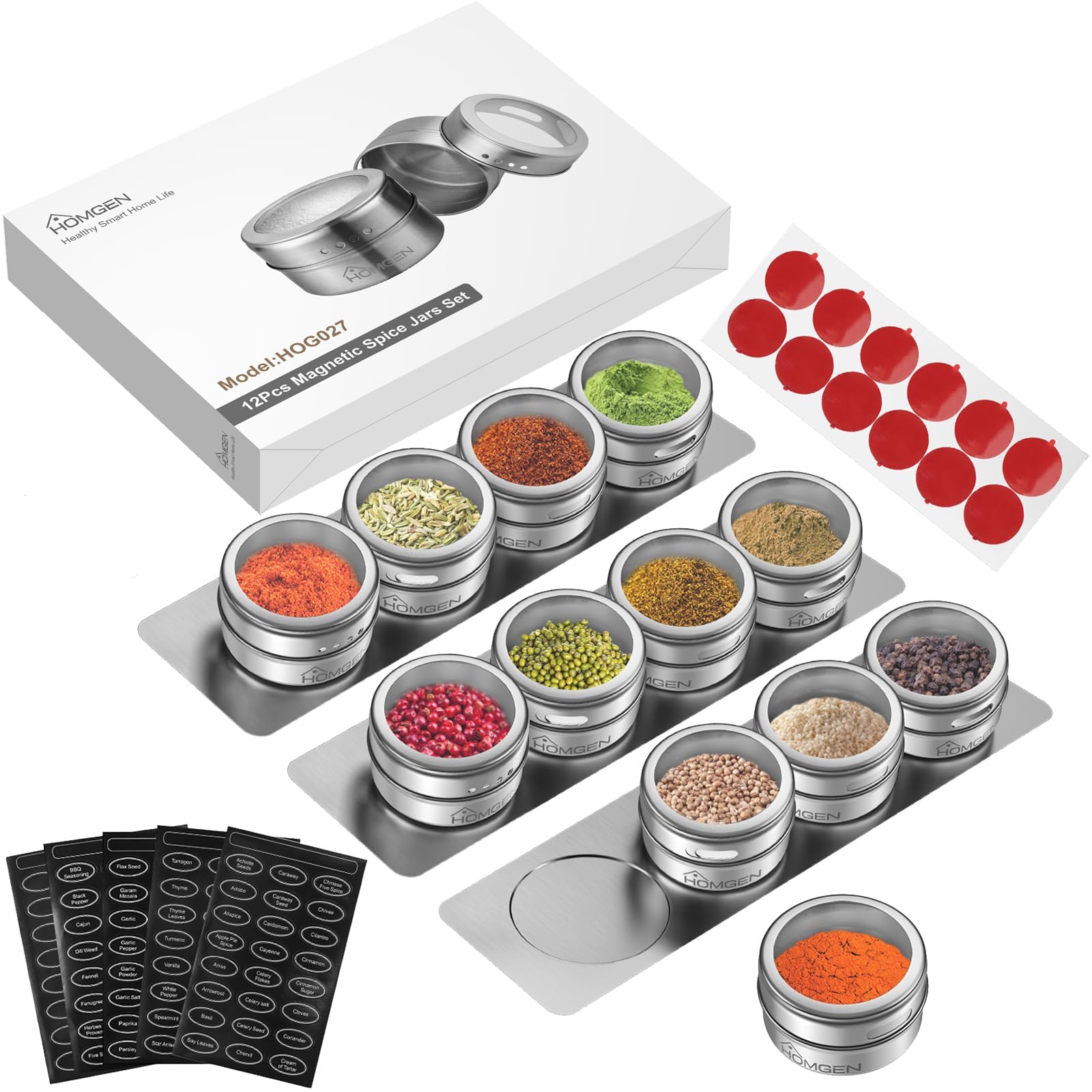 HOMGEN 12Pack Magnetic Spice Jars Set Stainless Steel Magnetic Spice Containers 100ml Magnetic Spice Jars for Fridge Durable Magnet Spice Tins Set with Lids and 3 Metal Plate Base for Kitchen etc
