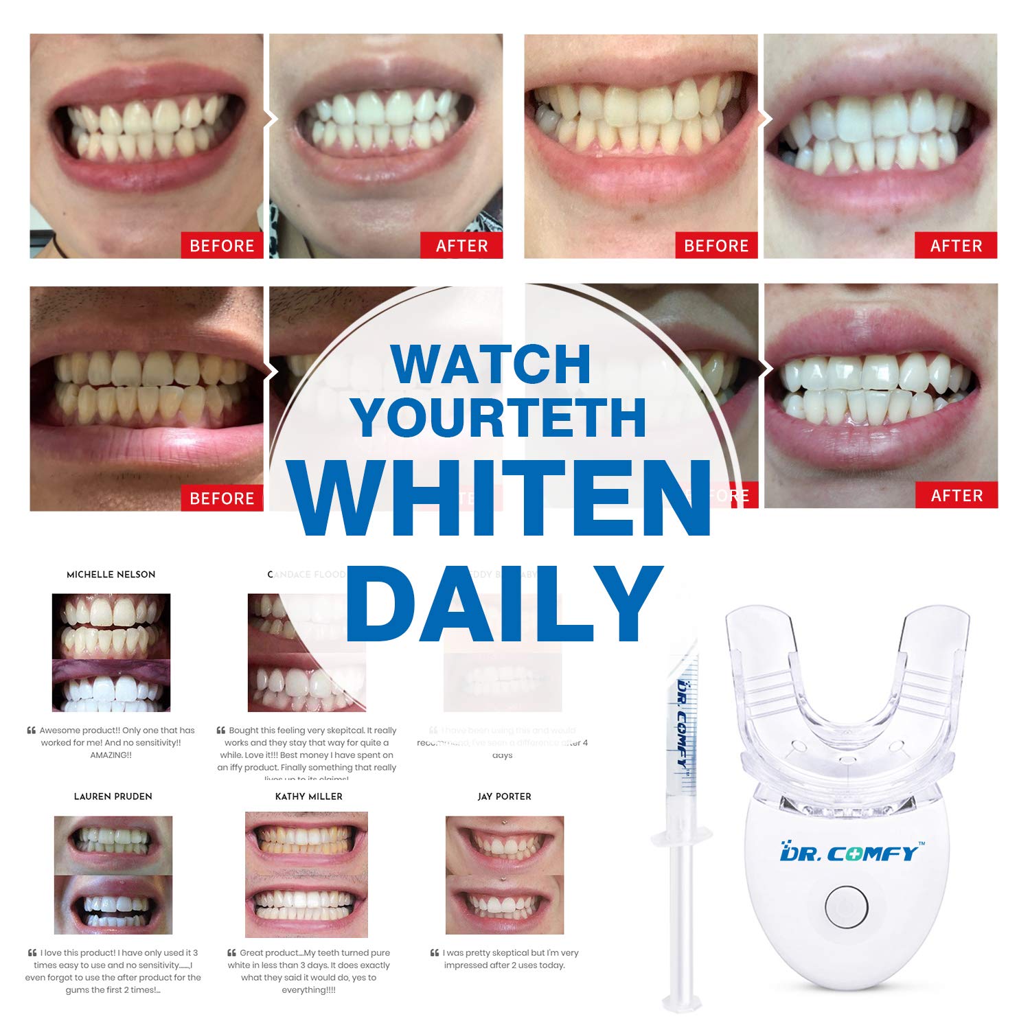 Teeth Whitening Kit-Dr. Comfy, with LED Accelerator Light, (4X)35% Carbamide Peroxide,(1X) Desensitizing Gel for Sensitive Teeth and Gums, Trays and Case, Professional Teeth Whitener: Beauty