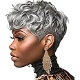MOONSHOW Grey Pixie Cut Wig Short Grey Wigs for Black Women Pixie Cut Wig Short Pixie Gray Wigs for Blcak Women Synthetic Pixie Wig Natural Wavy Short Curly Gray Pixie Cut Wigs for Old Women(Grey)