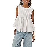 Megfie Womens Summer Pleated Peplum Sleeveless Blouse Tank Tops Round Neck Y2K Babydoll Blouse Shirt
