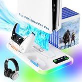 PS5 Slim/Pro Stand with 3 Level Cooling Fans, Dual Controller Charging Station &amp; 2 USB Ports, RGB LED Light Console Stand