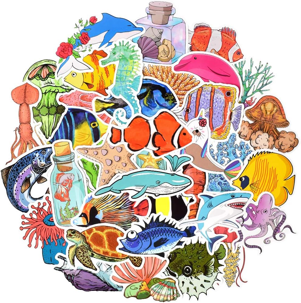 Waterproof Sea Life Vinyl Stickers Pack for Water Bottle Cooler Laptop (50Pcs Ocean Style)