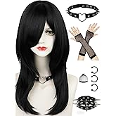 Half and Half Emo Costume Scene Wig Set Black Cosplay Anime Wig with Side Part Bangs 21.6'' Synthetic Hair for Women Halloween Party