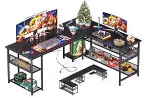 ODK 59" L Shaped Desk with Power Outlet and USB Charging Ports, Reversible L Shaped Computer Desk with Storage Shelves, Home Office Desk, Gaming Desk, Corner Desk, Black