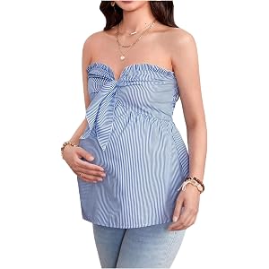 OYOANGLE Women's Maternity Striped Strapless Blouse Knot Front Smocked Peplum Tube Tops Pregnancy Clothes