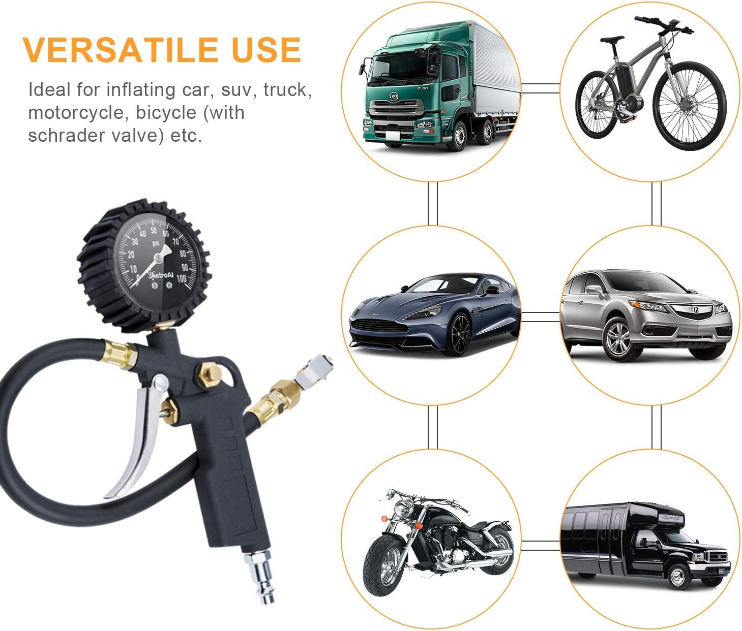 AstroAI Tire Inflator with Pressure Gauge, 100 PSI Air Chuck and Compressor Accessories Heavy Duty with Large 2.5" Easy Read Glow Dial, Durable Rubber Hose and Quick Connect Coupler: Automotive