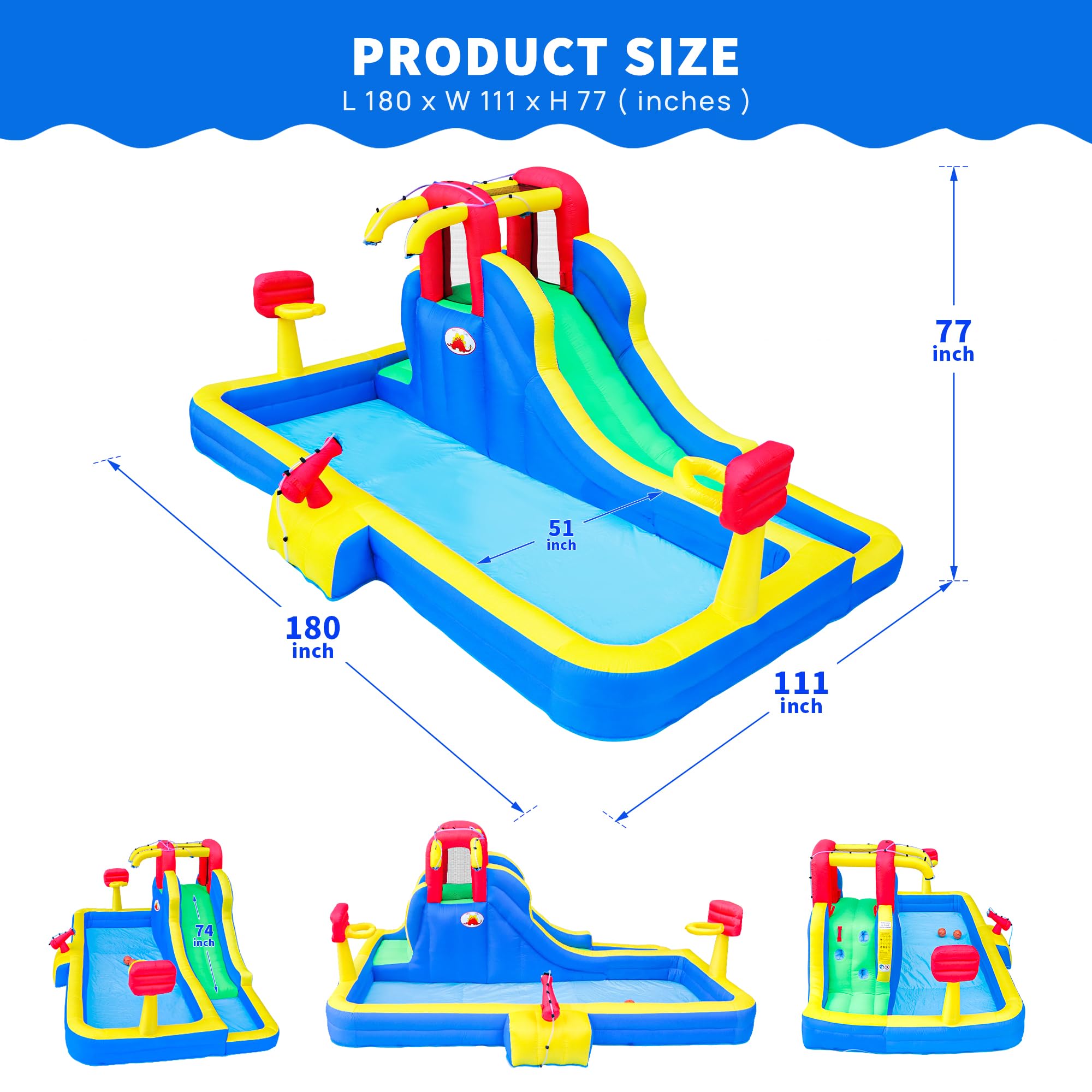 WELLFUNTIME Inflatable Water Park with Blower, Bouncy Castle with Water Cannon and Double Basketball Rings