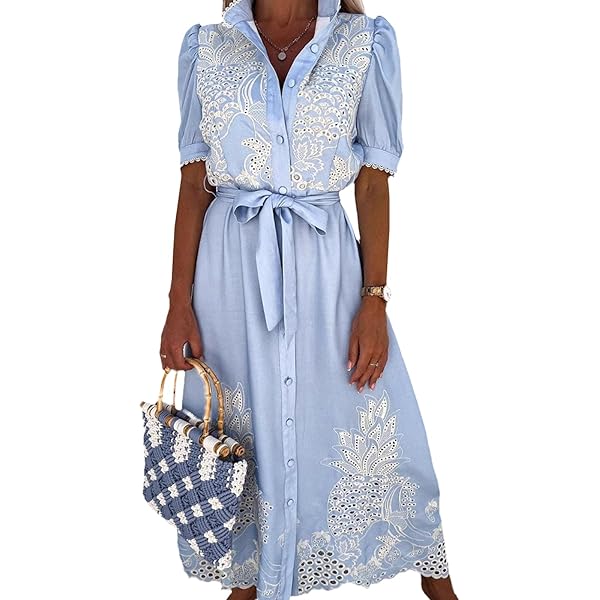 Women's Floral Embroidery Summer Dress Puff Sleeve Belted A-Line Bohemian  Maxi Dresses High Waist Beach Dresses Casual Button Down Shirt Dresses Sky  Blue Medium at Amazon Women's Clothing store