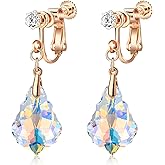 Austrian Crystal Baroque Drop Clip On Dangle Earrings for Women Non Pierced 14K Rose Gold Plated Hypoallergenic Jewelry