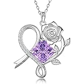 Aurora Tears Birthstone Love Heart Rose Pendant Necklace - 925 Sterling Silver Snowflake Cut Square Cubic Zirconia Ribbon Necklace Anniversary Birthday Jewelry Gift for Women Wife Mom Daughter