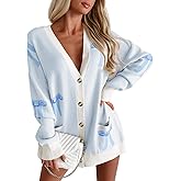 Saodimallsu Womens Oversized Cardigan Sweaters Bow Printed Button V Neck Long Sleeve Loose Knit Fall Trendy Coats