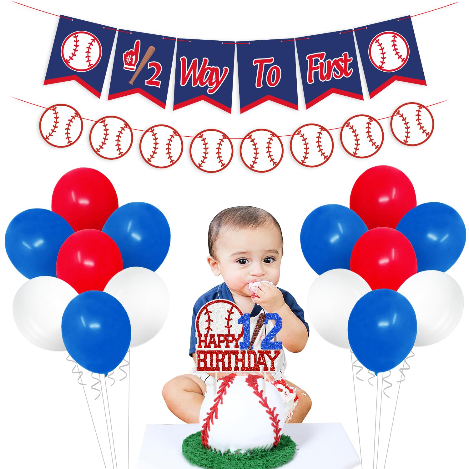 Photo 1 of Kitticcino Baseball Half Birthday Party Decorations Kit Half Way To First Banner Happy 1/2 Birthday Cake Topper Balloons for Sports Theme 6 Months Baby Milestone Photo Props Baby Shower Supplies